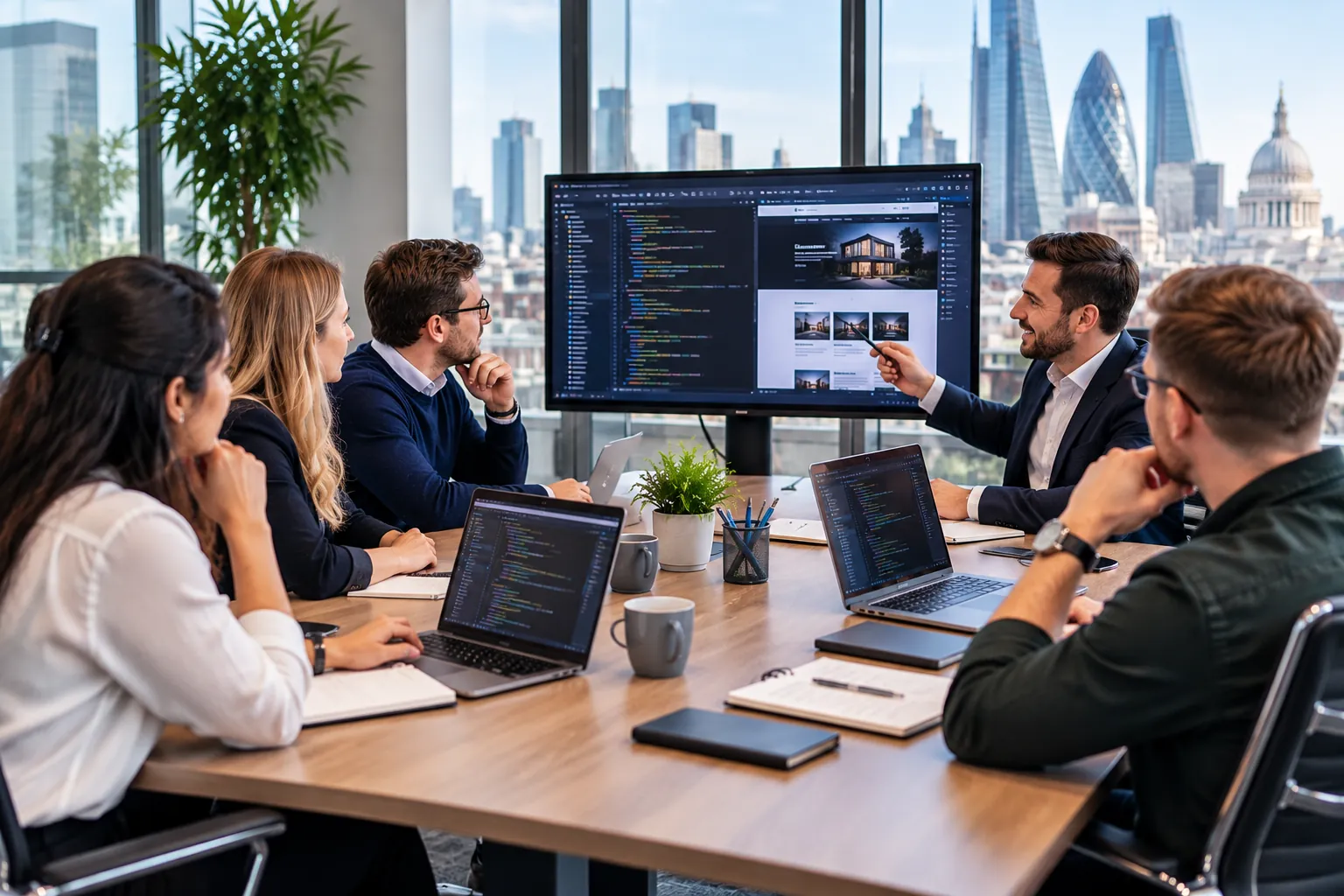 Bitlinks Tech UK team presenting a client website in a London office