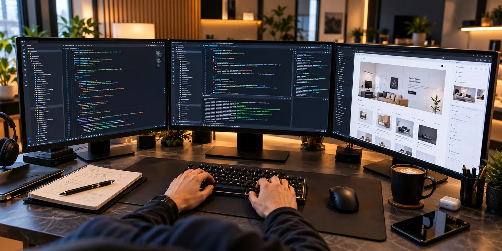 Website build in progress across three monitors for a Leeds business