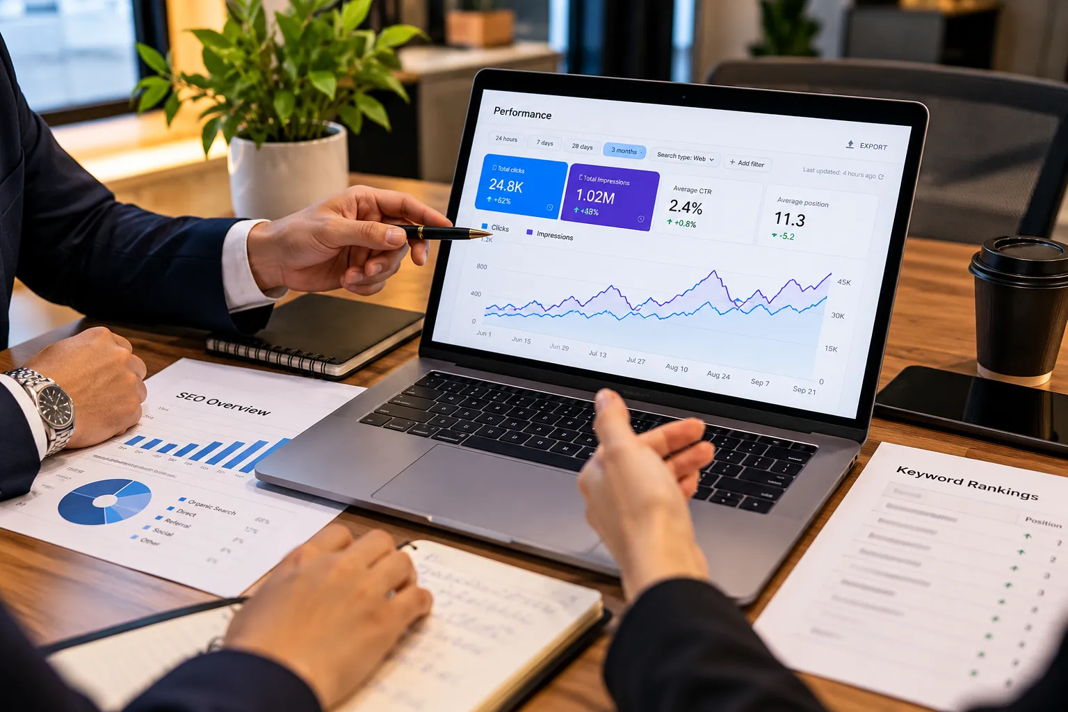 SEO specialist reviewing a monthly performance report