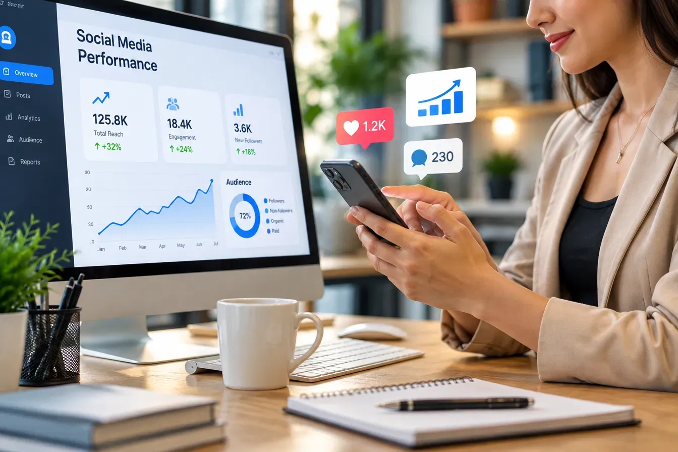 Social media performance dashboard showing reach and engagement