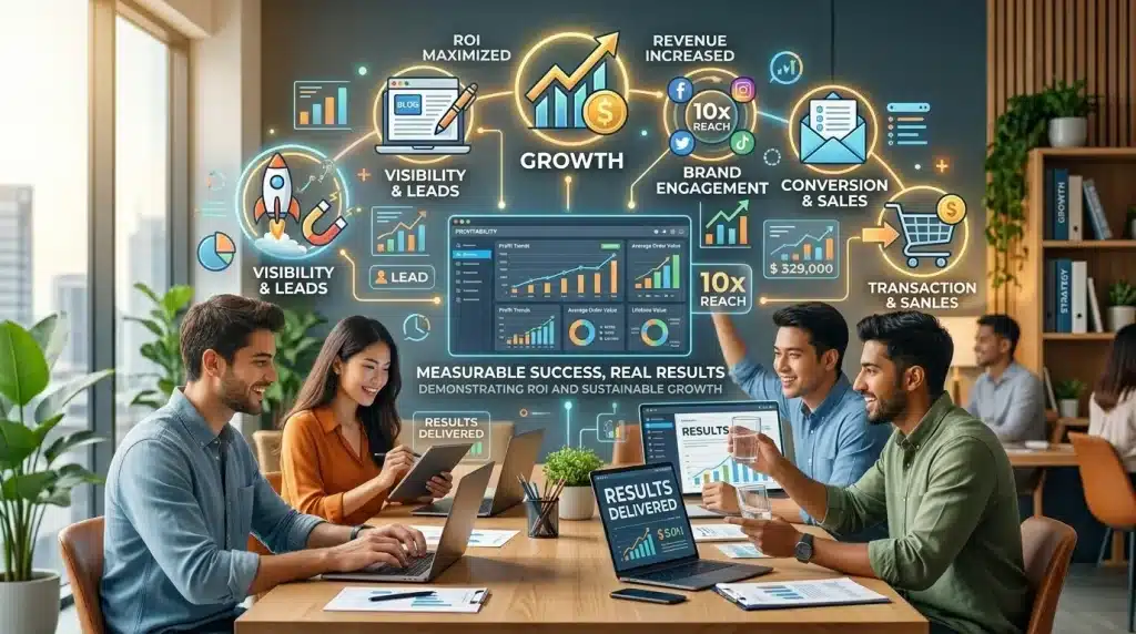 Illustration of a woman at a desk with a laptop, surrounded by icons representing digital marketing services by an online marketing agency UK to boost blog posts, including SEO, social media, and analytics.