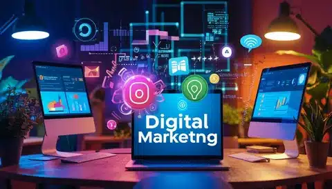 Vibrant digital marketing concept with laptops and icons like a graph, light bulb, and social media surrounding a central Digital Marketing text.